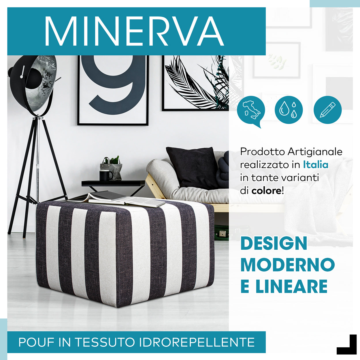 Pouf Poggiapiedi Minerva 63x63x44 Cm - Tessuto Idrorepellente, Moderno Per Soggiorno E Camera